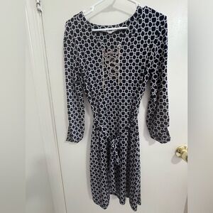 Black & White Geometric Lace-Up Long Sleeve Dress
